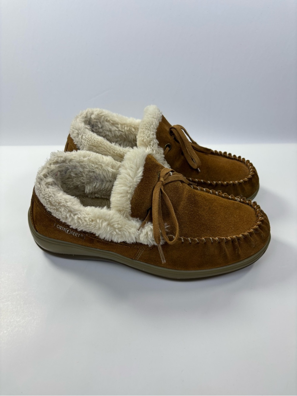 Orthofeet Brown Suede Moccasin Slippers Plush Faux Fur Lining Orthopedic